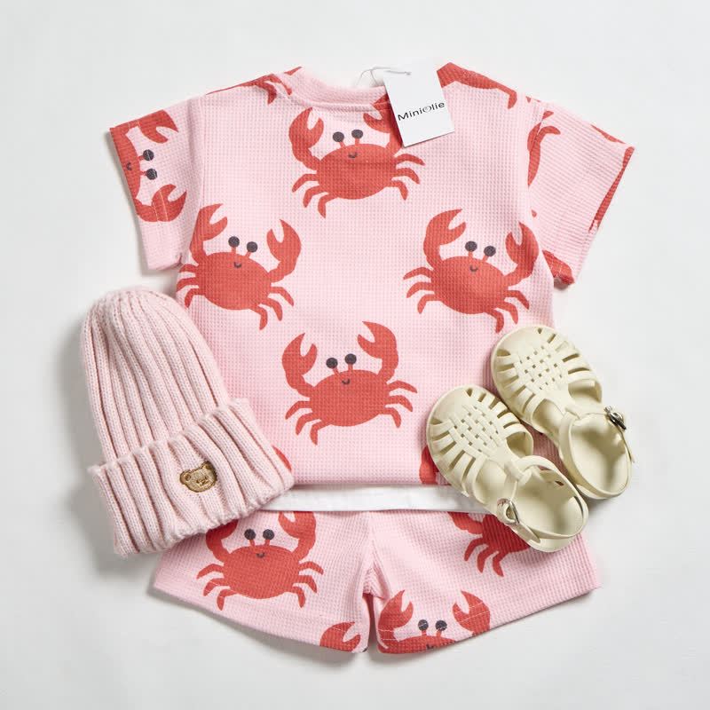 Baby Pink Crab Waffle Tee and Shorts 2-piece Set - image 2