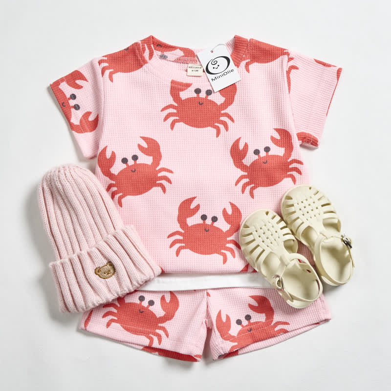 Baby Pink Crab Waffle Tee and Shorts 2-piece Set - Pink - 2-3T - image 1