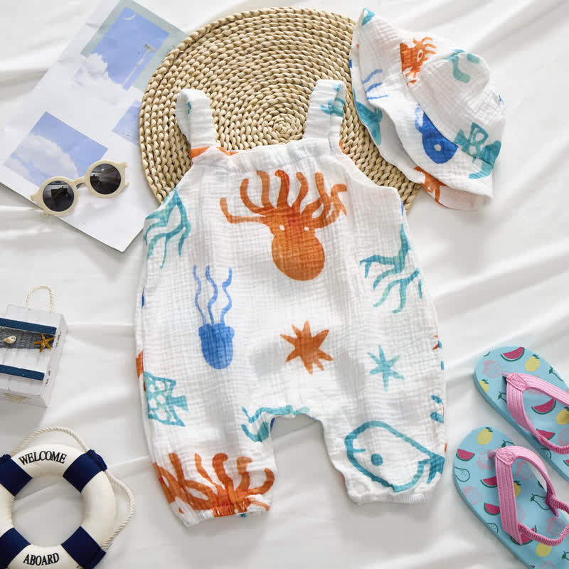 Baby Girl White Crab and Fish Print Romper with Hat - image 2