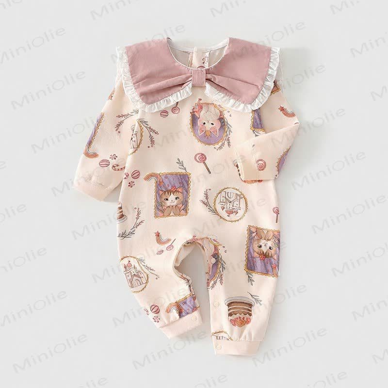 Baby Cat Print Long Sleeve Bow Romper - Beige - 18-24M - image 1