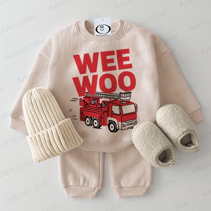 WEE WOO Baby Fire Truck Beige Sweatshirt 2-piece Set - Beige - 2-3T - image 1