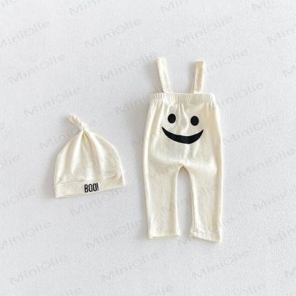 Baby Solid Color Ribbed Top or Halloween Themed Overalls with Hat - White Overalls - 18-24M - image 2