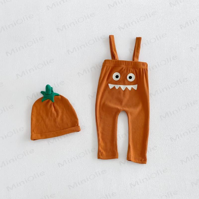 Baby Solid Color Ribbed Top or Halloween Themed Overalls with Hat - Orange Overalls - 18-24M - image 4