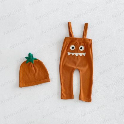 Baby Solid Color Ribbed Top or Halloween Themed Overalls with Hat - Orange Overalls - 18-24M - image 4