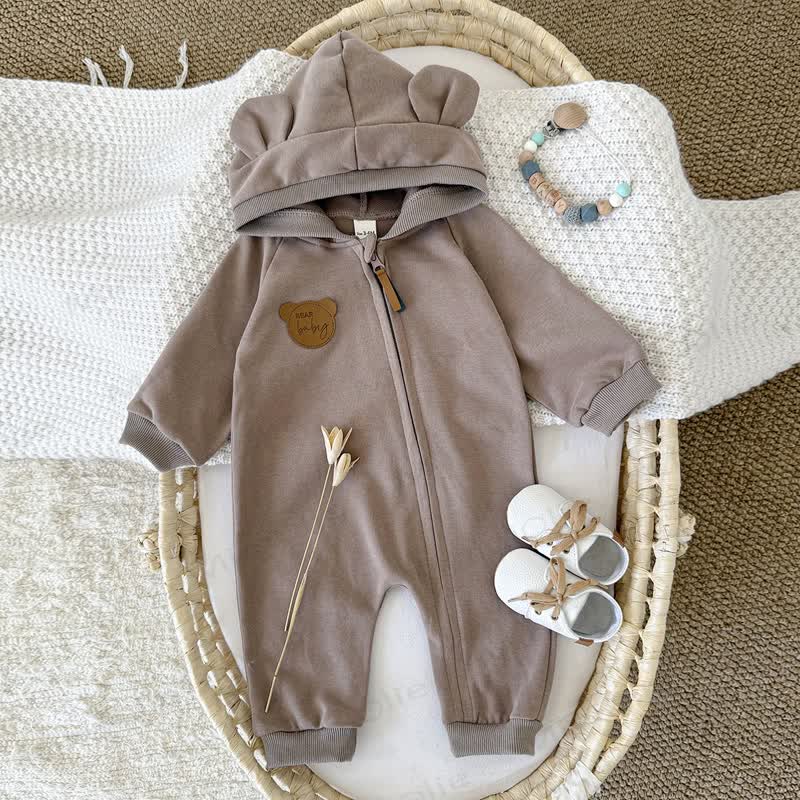 BEAR BABY Baby Bear Ear Hooded Zip Romper - Brown - 12-18M - image 2