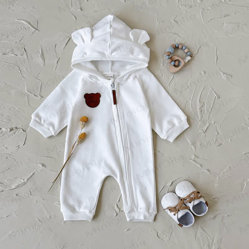 BEAR BABY Baby Bear Ear Hooded Zip Romper - White - 12-18M - image 4