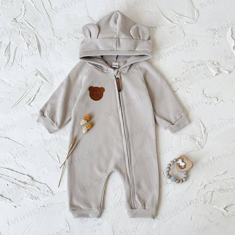 BEAR BABY Baby Bear Ear Hooded Zip Romper - Beige - 12-18M - image 6