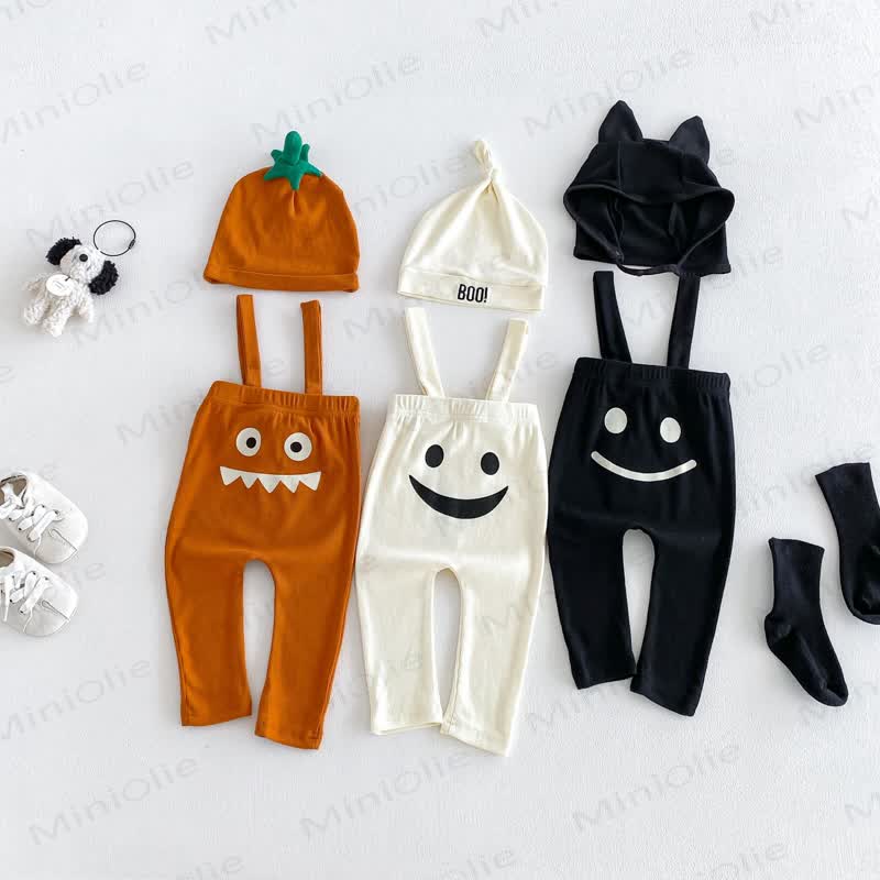 BOO! Baby Ribbed Smile Print Overalls & Hat Set and Solid Color Tee - image 1