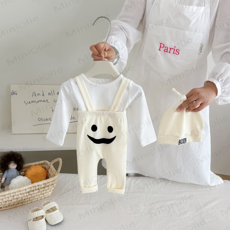 BOO! Baby Ribbed Smile Print Overalls & Hat Set and Solid Color Tee - image 5