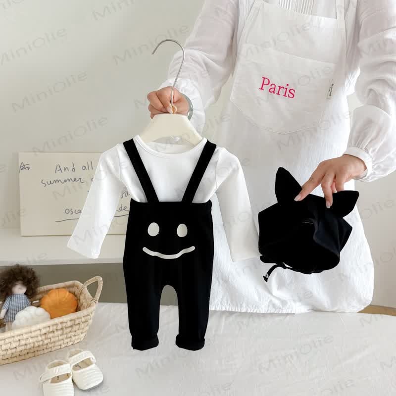 BOO! Baby Ribbed Smile Print Overalls & Hat Set and Solid Color Tee - image 7