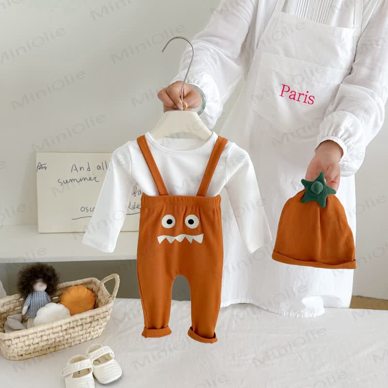 BOO! Baby Ribbed Smile Print Overalls & Hat Set and Solid Color Tee - image 9