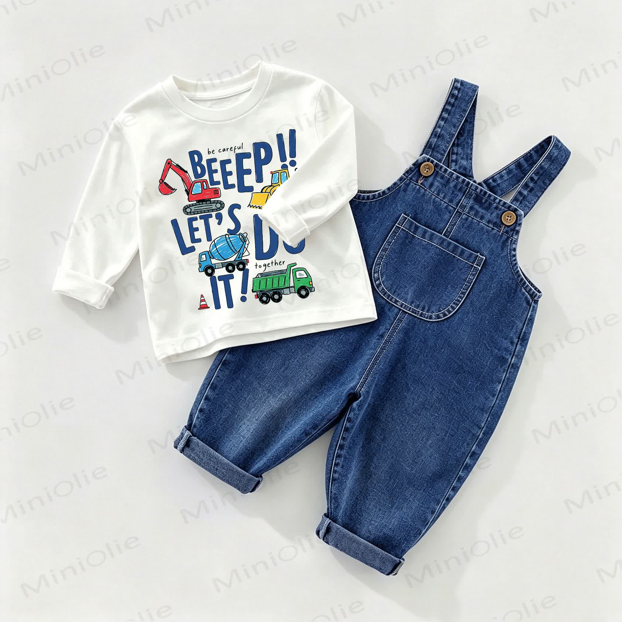 BEEEP!! LET'S DO IT! Baby Denim Overalls and Tee 2-piece Set - White&Blue - 2-3T - image 1