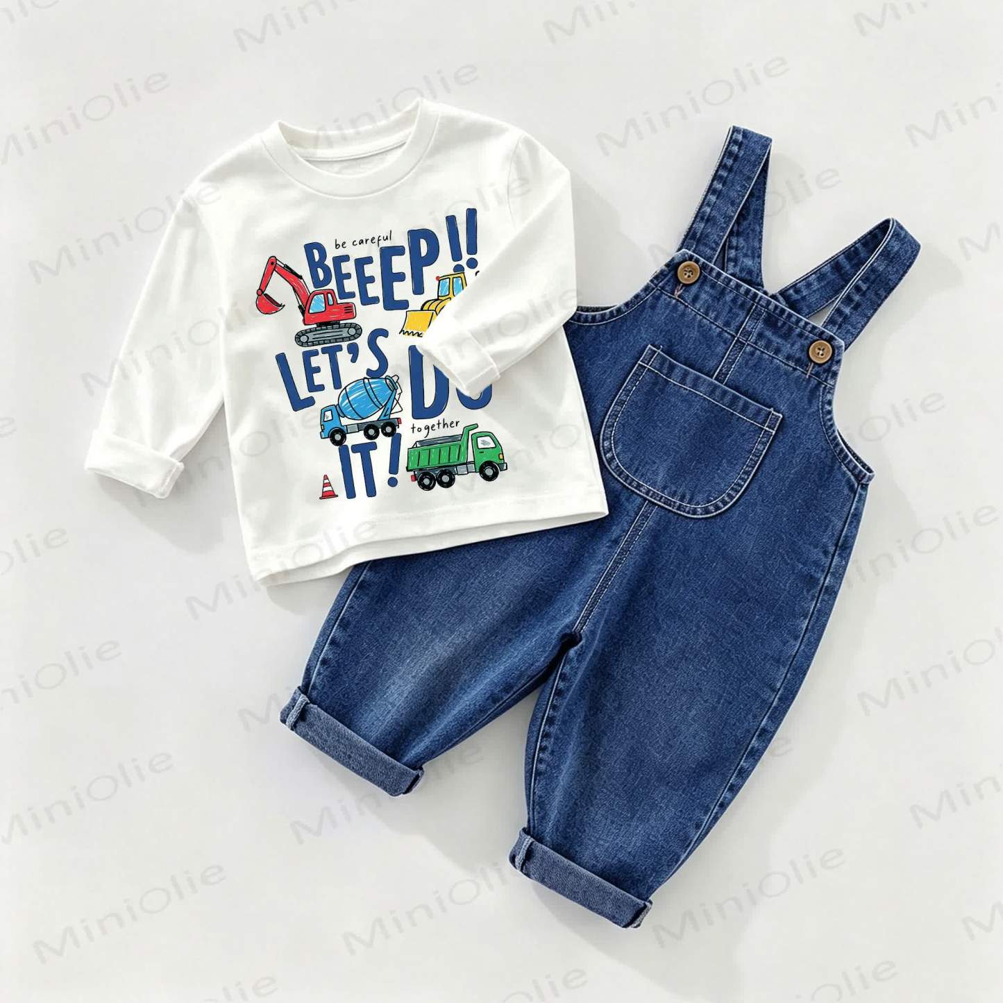 BEEEP!! LET'S DO IT! Baby Denim Overalls and Tee 2-piece Set - White&Blue - 2-3T - image 1