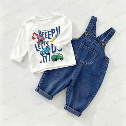 BEEEP!! LET'S DO IT! Baby Denim Overalls and Tee 2-piece Set - White&Blue - 2-3T - image 1