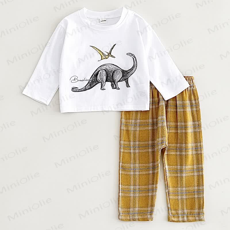 Baby Toddler Dino Print White Tee and Plaid Pants Set - Gray - 2-3Y - image 3