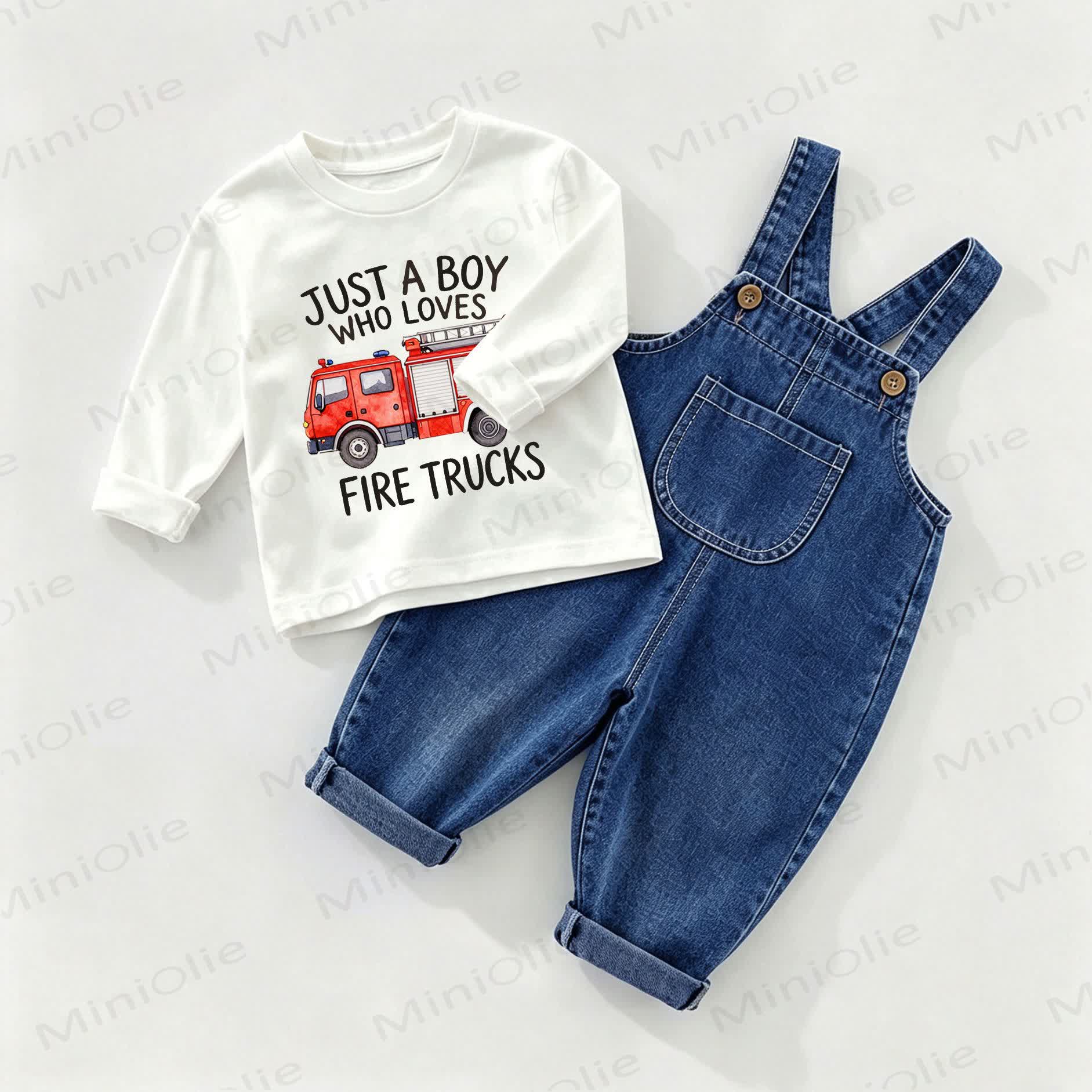 JUST A BOY WHO LOVES FIRE TRUCKS Baby Denim Overalls and Tee 2-piece Set - White&Blue - 2-3T - image 1