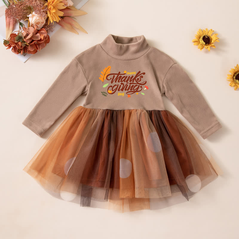 HAPPY THANKSGIVING DAY Baby Tulle Long Sleeve Dress - Brown Slogan - 2-3T - image 2