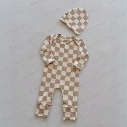 Baby Beige Cotton Romper with Matching Hat - Beige Checkered - 18-24M - image 4