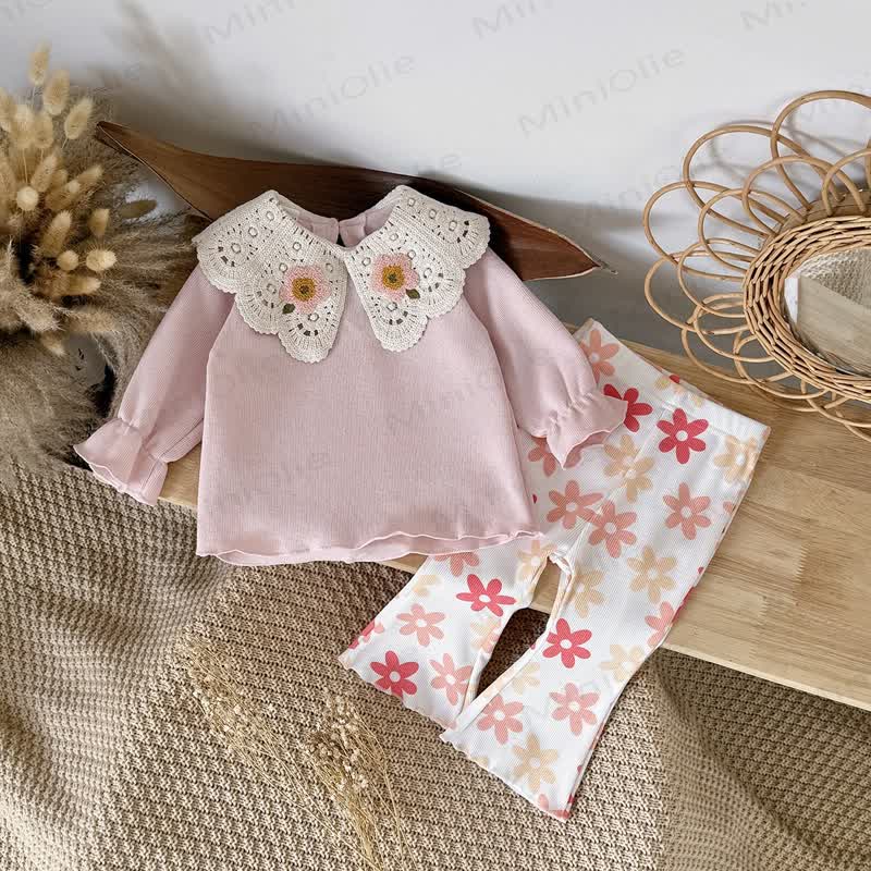 Baby Toddler Girl Pink Lace Collar Floral Top and Flared Pants 2-piece Set - image 1