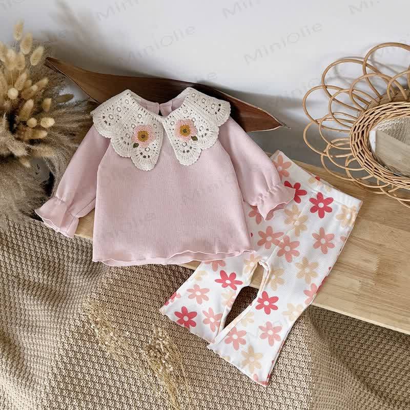 Baby Toddler Girl Pink Lace Collar Floral Top and Flared Pants 2-piece Set - image 1