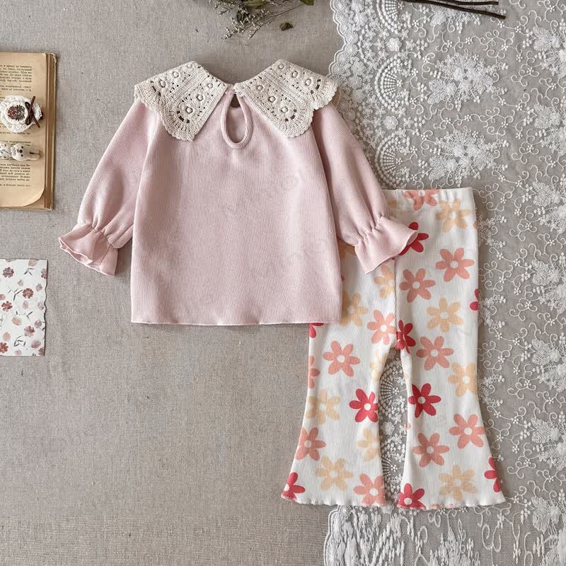 Baby Toddler Girl Pink Lace Collar Floral Top and Flared Pants 2-piece Set - image 3