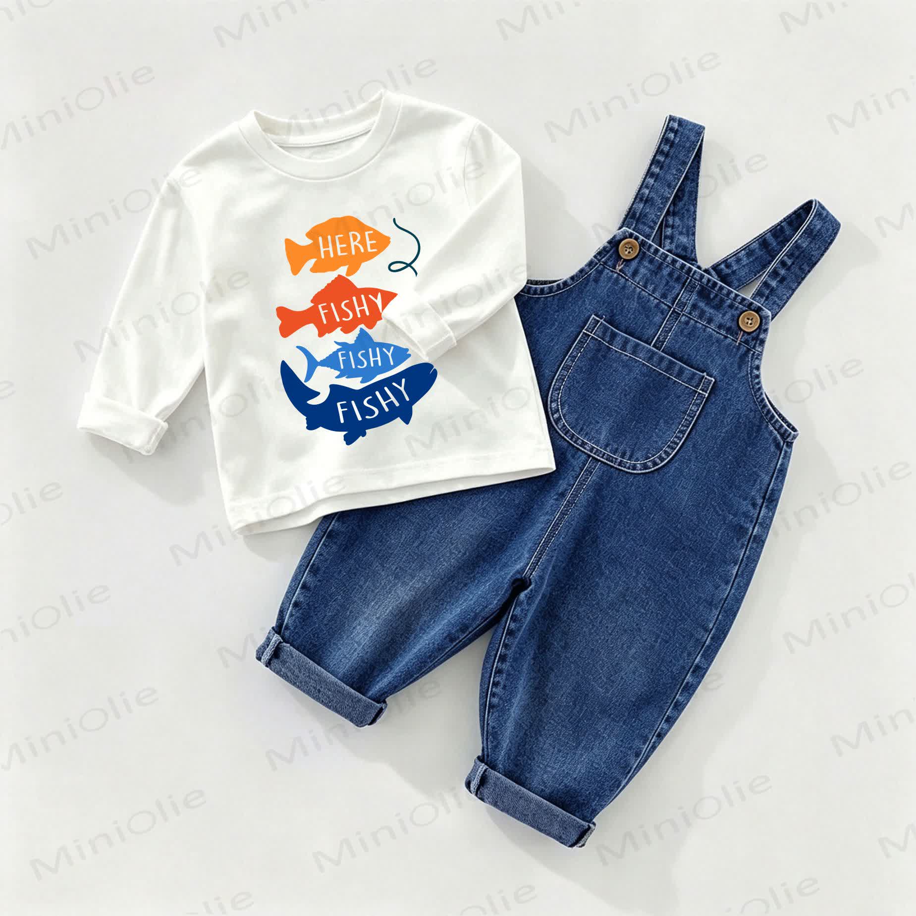 HERE FISHY FISHY FISHY Baby Denim Overalls and Tee 2-piece Set - White&Blue - 2-3T - image 1