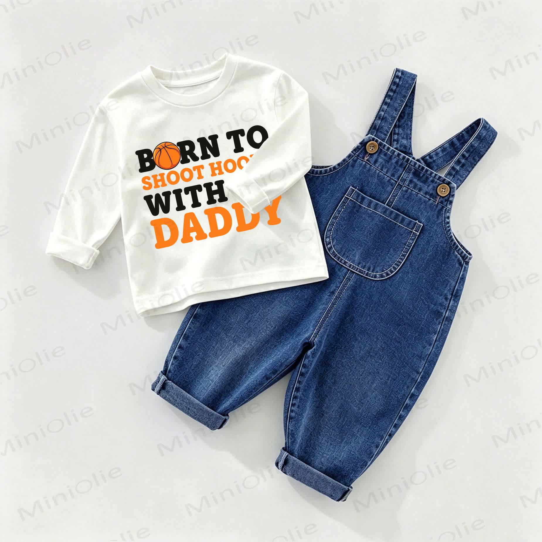 BORN TO SHOOT HOOPS WITH DADDY Baby Denim Overalls and Tee 2-piece Set - White&Blue - 2-3T - image 1
