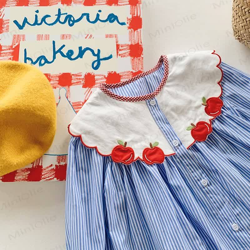 Toddler Girl Blue Stripe Apple Collar Long Sleeve Dress - image 4