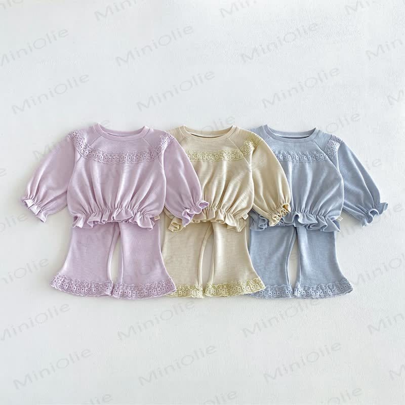 Toddler Baby Solid Color Ruffle Hem Top and Flared Pants 2-piece Set - image 1