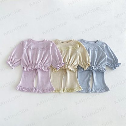 Toddler Baby Solid Color Ruffle Hem Top and Flared Pants 2-piece Set - image 1