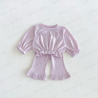 Toddler Baby Solid Color Ruffle Hem Top and Flared Pants 2-piece Set - Purple - 6-7T - image 2