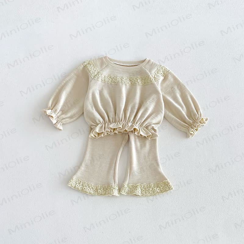 Toddler Baby Solid Color Ruffle Hem Top and Flared Pants 2-piece Set - Beige - 6-7T - image 4