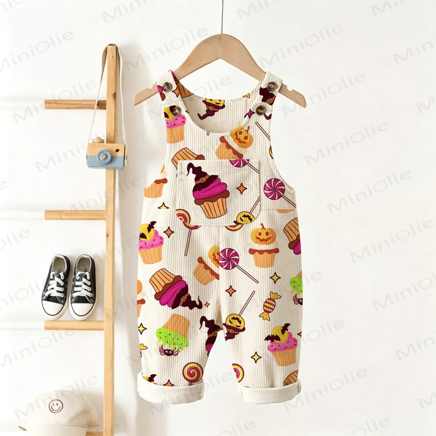 Baby Toddler Halloween Cupcake Candy Pumpkin Print Beige Overalls - Beige - 3-5T - image 1