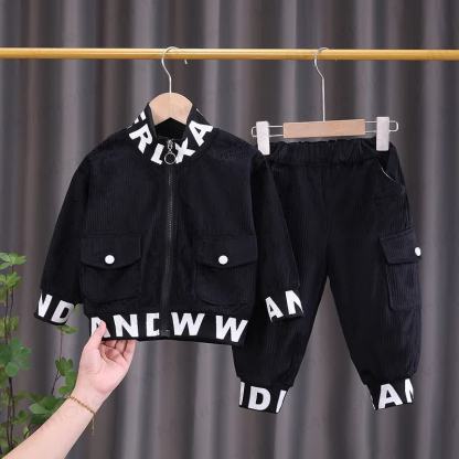 Toddler Letter Trim Corduroy Zip Jacket and Cargo Pants 2-piece Set - Black - 4-5T - image 2