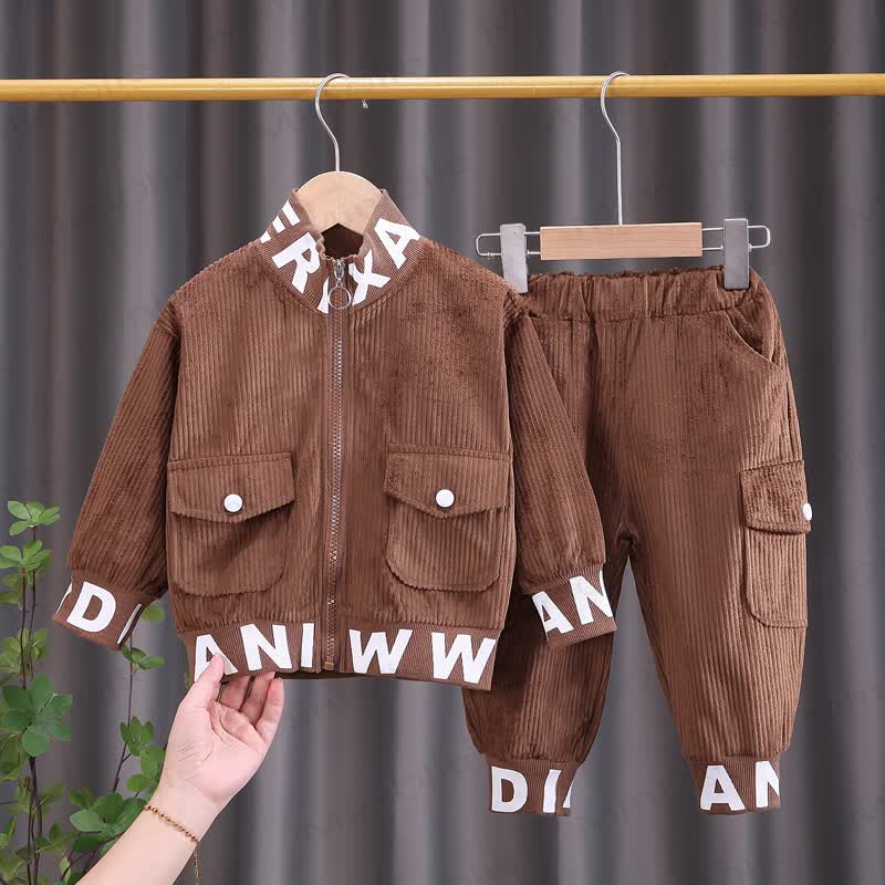 Toddler Letter Trim Corduroy Zip Jacket and Cargo Pants 2-piece Set - Brown - 4-5T - image 4