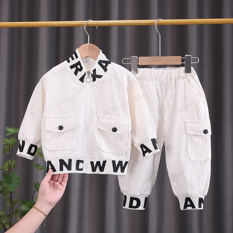 Toddler Letter Trim Corduroy Zip Jacket and Cargo Pants 2-piece Set - Beige - 4-5T - image 3