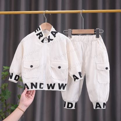 Toddler Letter Trim Corduroy Zip Jacket and Cargo Pants 2-piece Set - Beige - 4-5T - image 3