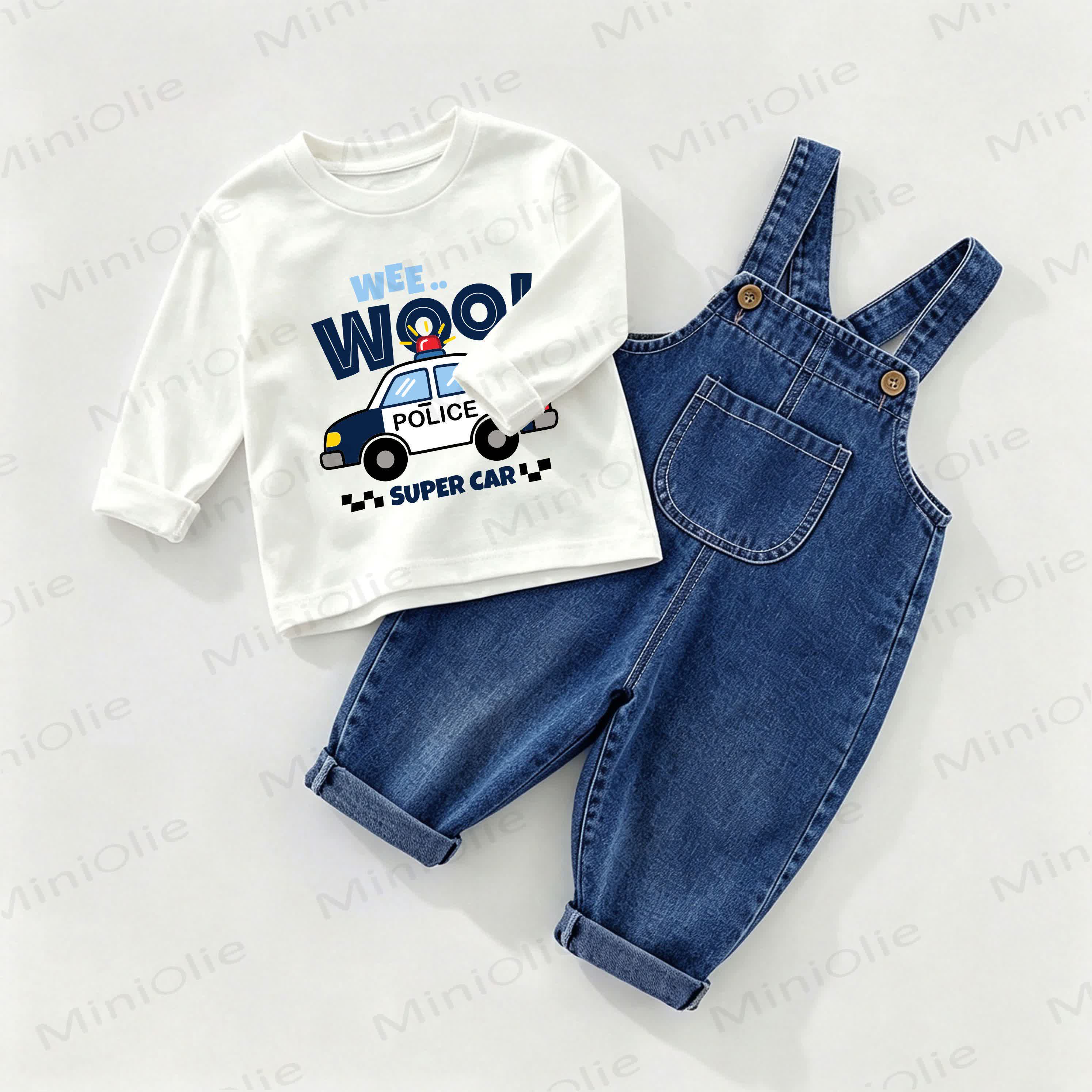 WEE.. WOO! SUPER CAR Baby Denim Overalls and Tee 2-piece Set - White&Blue - 2-3T - image 1