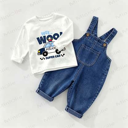 WEE.. WOO! SUPER CAR Baby Denim Overalls and Tee 2-piece Set - White&Blue - 2-3T - image 1