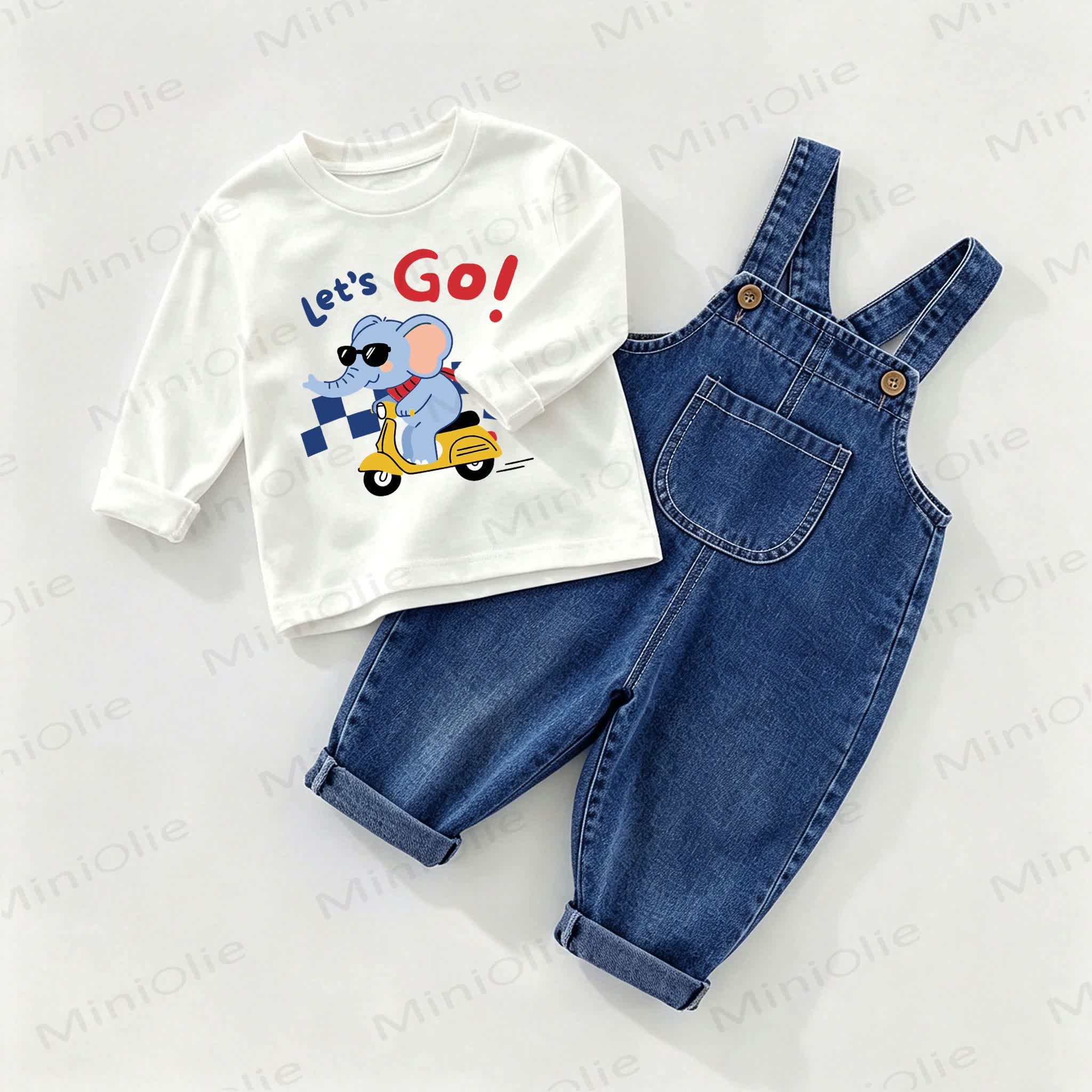 LET'S GO! Baby Denim Overalls and Tee 2-piece Set - White&Blue - 2-3T - image 1