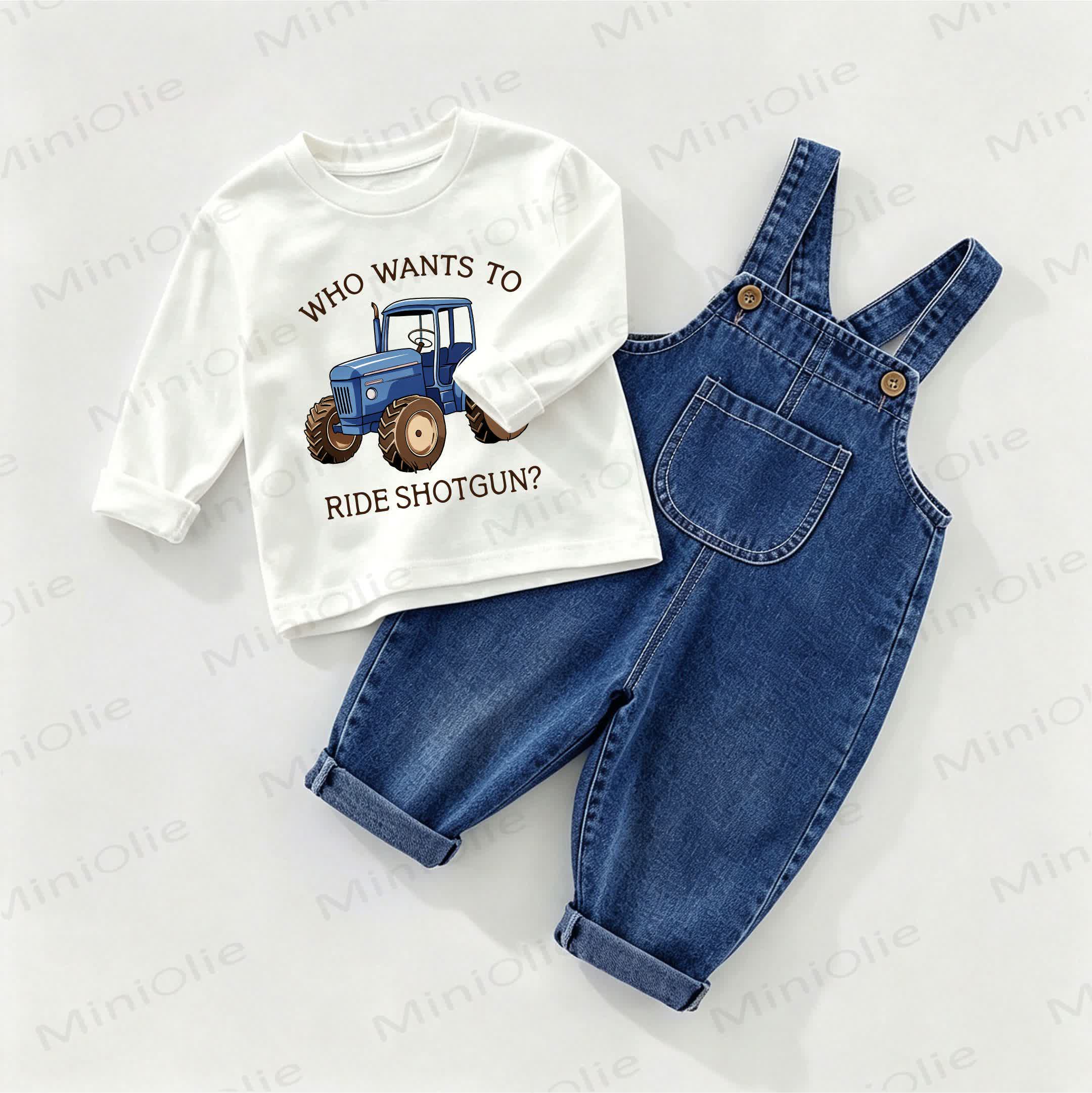 WHO WANTS TO RIDE SHOTGUN? Baby Denim Overalls and Tee 2-piece Set - White&Blue - 2-3T - image 1