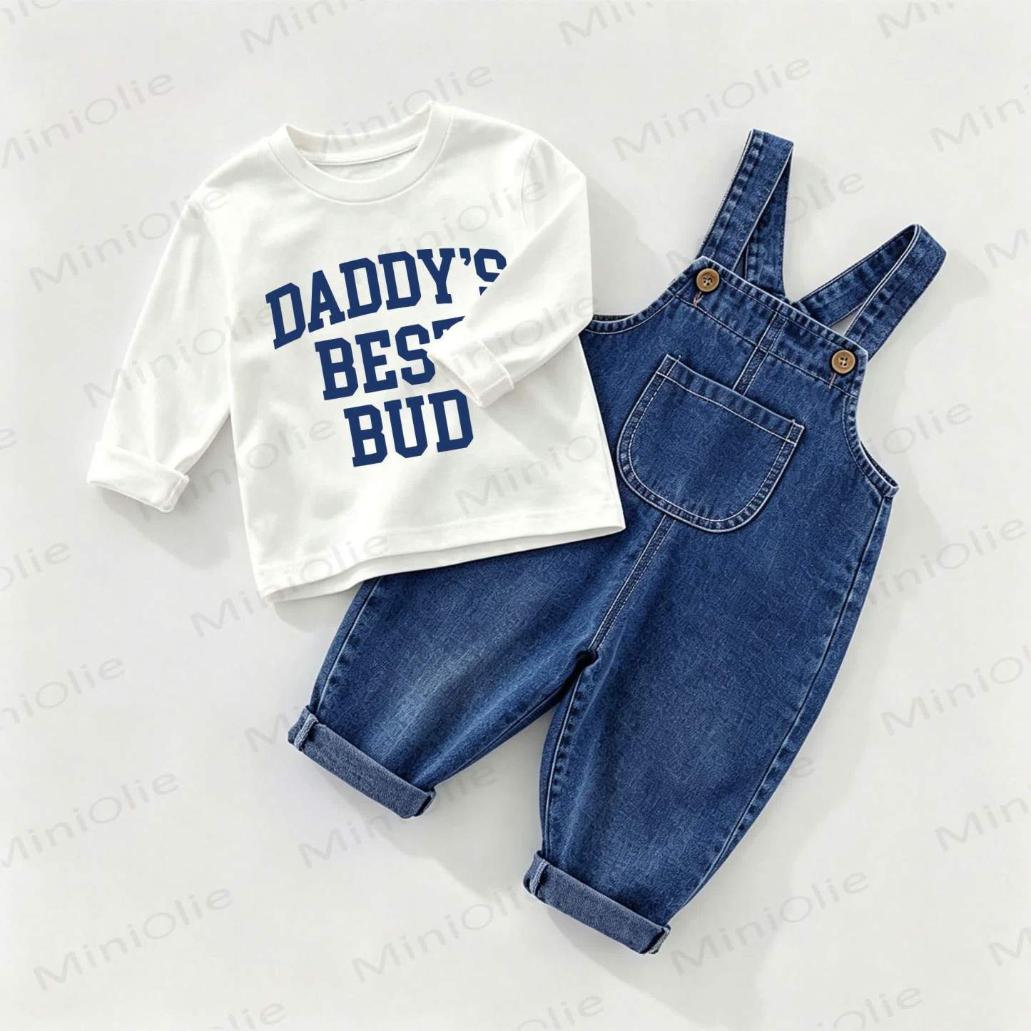 DADDY'S BEST BUD Baby Denim Overalls and Tee 2-piece Set - White&Blue - 2-3T - image 1