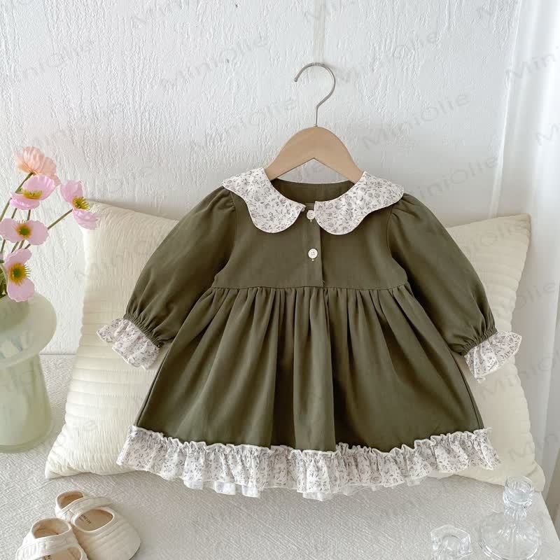 Baby Girl Flower Collar Puff Sleeve Dress - Olive Green - 3-4T - image 7