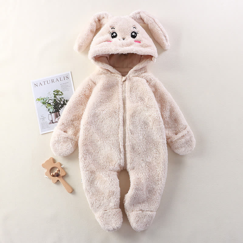 Baby Animal Ear Plush Hooded Zip Front Romper - Beige - 12-18M - image 5