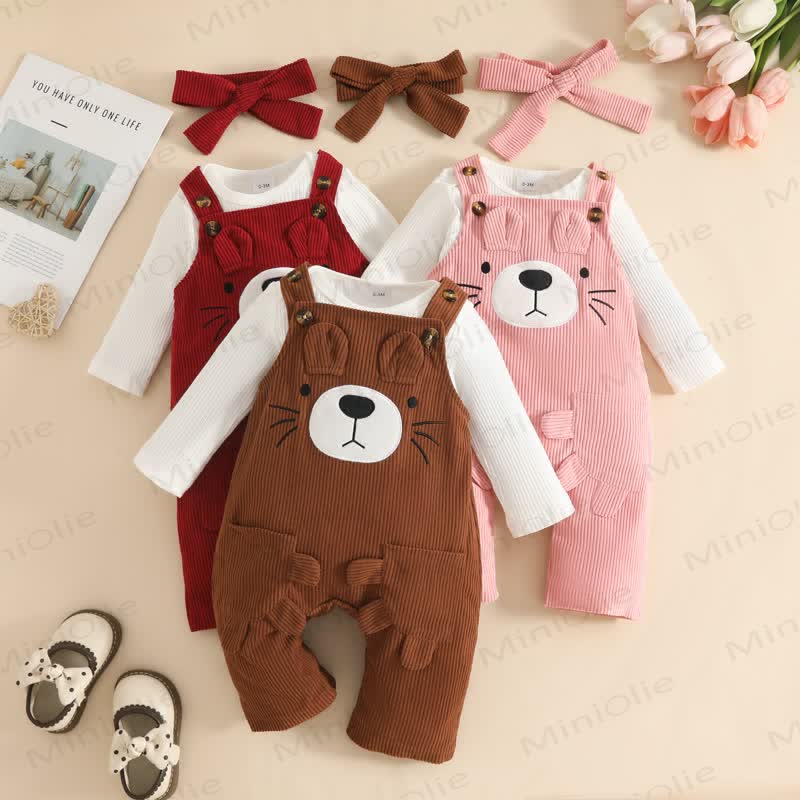 Baby Bear Adjustable Strap Corduroy Overalls and Bodysuit with Headband 3-piece Set  - image 1