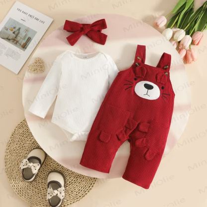 Baby Bear Adjustable Strap Corduroy Overalls and Bodysuit with Headband 3-piece Set  - Red - 12-18M - image 2