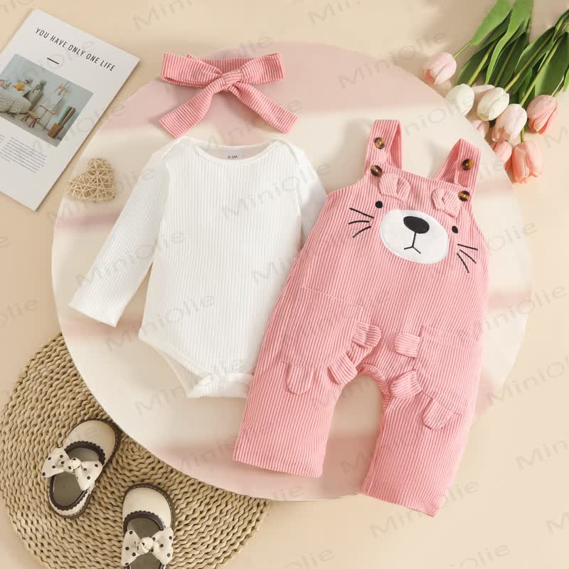 Baby Bear Adjustable Strap Corduroy Overalls and Bodysuit with Headband 3-piece Set  - Pink - 12-18M - image 3