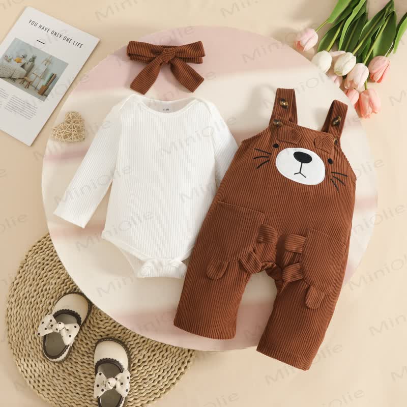 Baby Bear Adjustable Strap Corduroy Overalls and Bodysuit with Headband 3-piece Set  - Brown - 12-18M - image 4