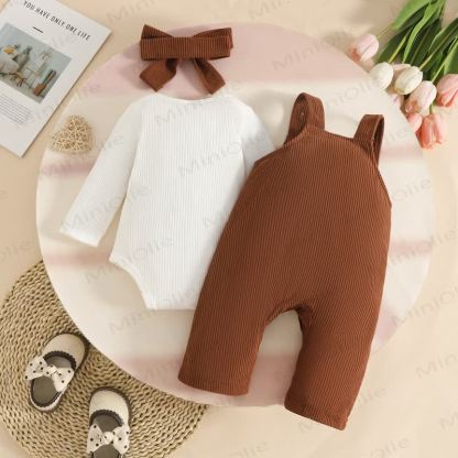 Baby Bear Adjustable Strap Corduroy Overalls and Bodysuit with Headband 3-piece Set  - image 5