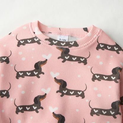 Baby Daschund & Heart Print Pink Waffle 2-piece Set - image 3